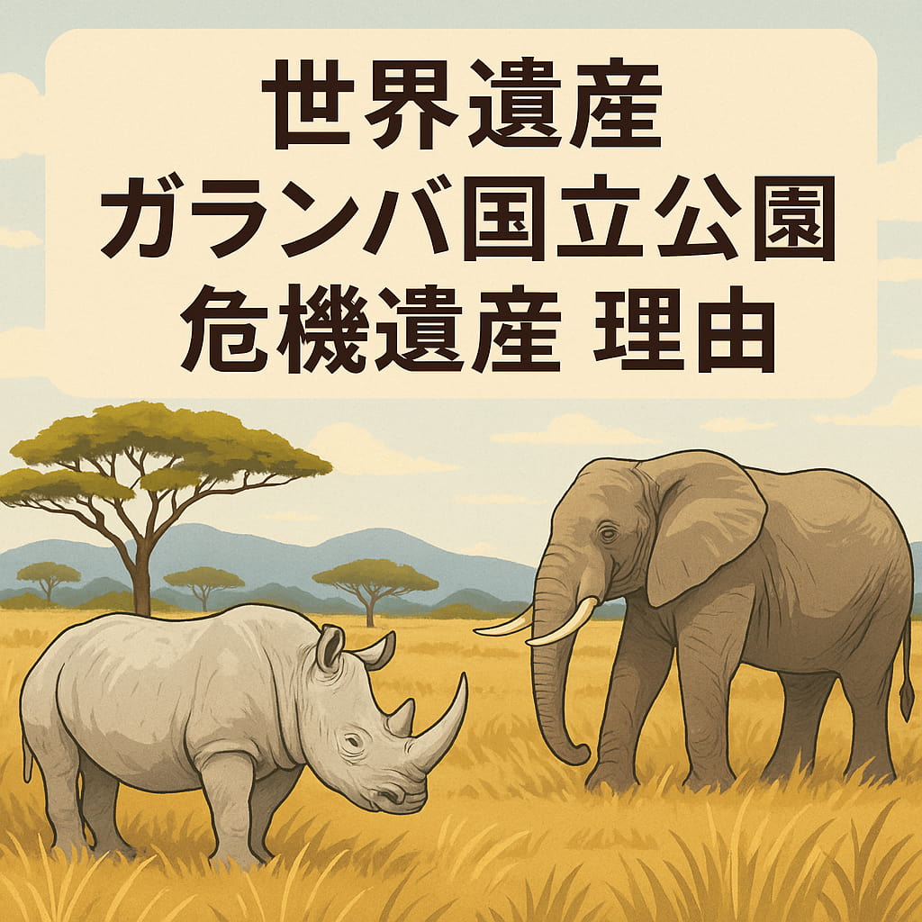 ガランバ国立公園に生息するサイとゾウのイラストと世界遺産に関する日本語テキスト