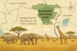 （AI生成）ガランバ国立公園の位置とサバンナ風景を描いた地図風イラスト