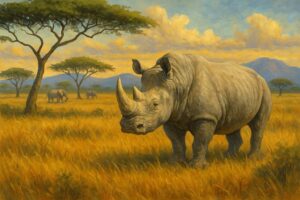 （AI生成）1980年当時のガランバ国立公園のサバンナに生息するキタシロサイと象徴的な野生動物を描いたイラスト
