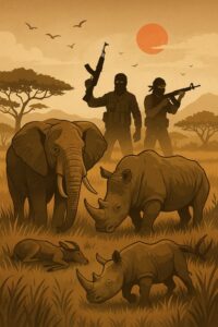 密猟と武装勢力によって脅かされるガランバ国立公園の自然環境を描いたイラスト（AI生成）
