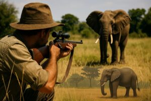 密猟者がアフリカのサバンナで動物を狙う様子を描いたリアルな写真風イラスト（AI生成）