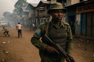 アフリカのレンジャーが自然保護区を警備する様子（AI生成）