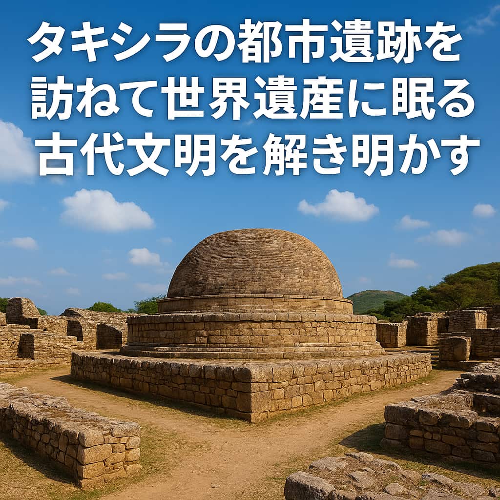 タキシラの都市遺跡にある古代ストゥーパと石造遺構。青空と緑の丘に囲まれた世界遺産の風景。