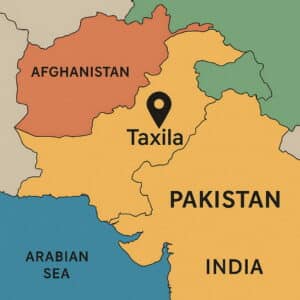 パキスタン北部にあるタキシラの位置を示す地図イラスト（AI生成）