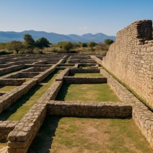 シルカップ遺跡の碁盤目状に整備された都市構造と石造の城壁を示す写真（AI生成）