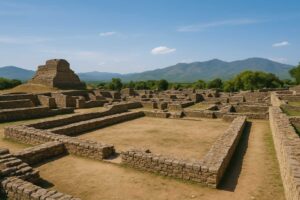 タキシラの都市遺跡に残る石造の仏塔と古代都市の基礎構造を写した写真（AI生成）