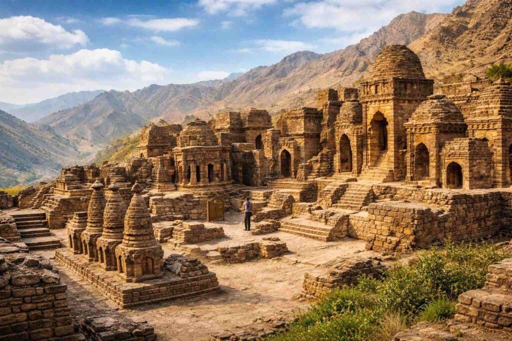 タフテ・バヒーの山上僧院遺跡と石造建築群の風景（AI生成）