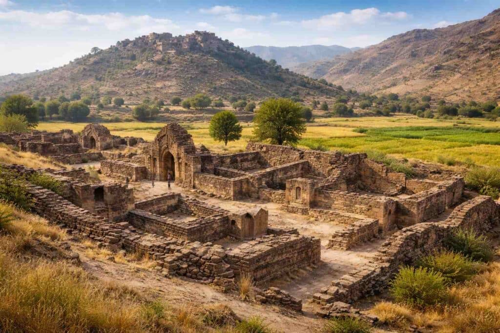 サハリ・バハロールの古代都市遺構と丘陵地帯の風景（AI生成）
