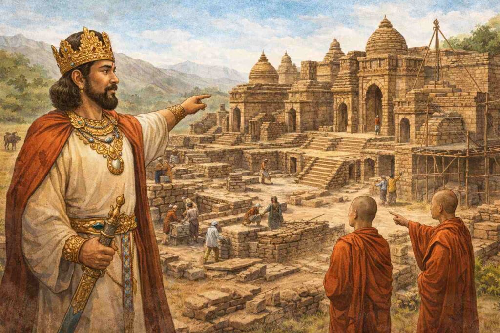 クシャーン朝時代の僧院建設を描いた歴史イメージ（AI生成）
