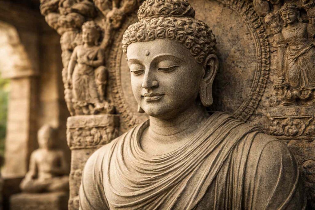 写実的なガンダーラ仏像の石彫像（AI生成）