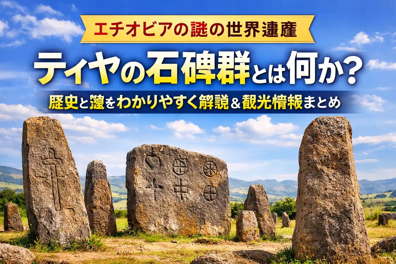 ティヤの石碑群に並ぶ彫刻入りの石碑とエチオピアの自然風景