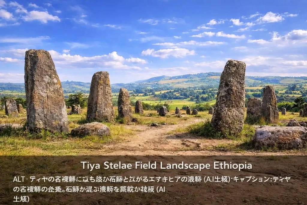 ティヤの石碑群に立ち並ぶ石碑と広がるエチオピアの風景（AI生成）