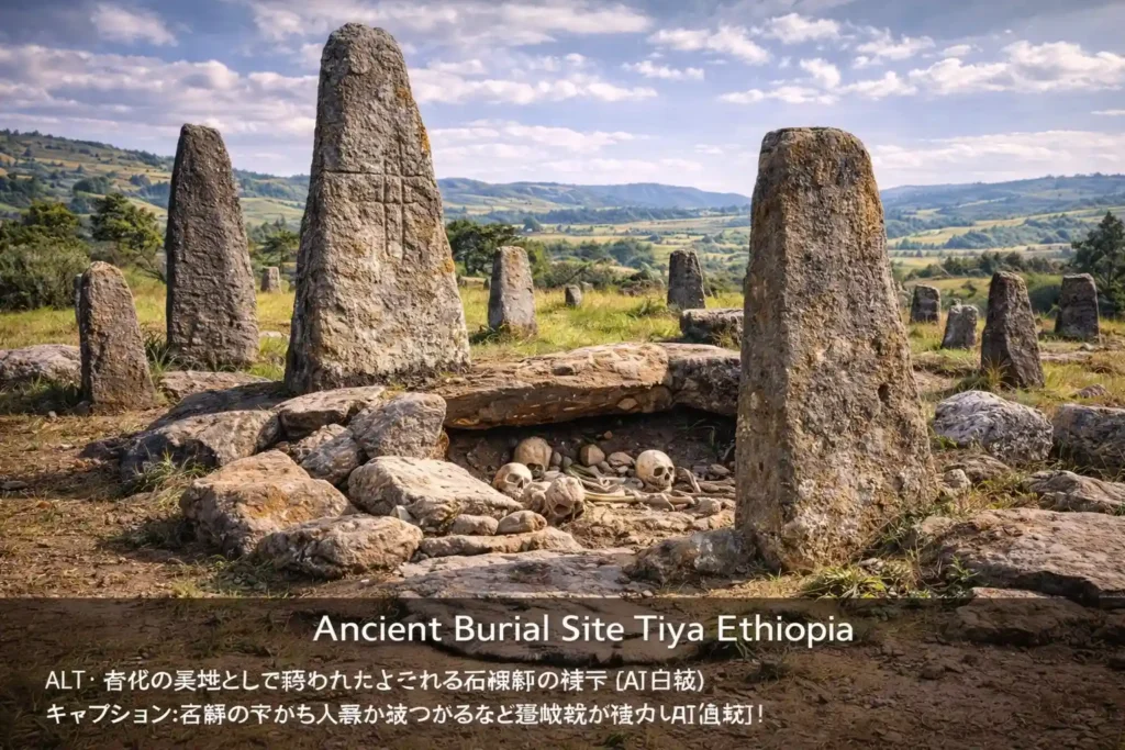 古代の墓地として使われたとされる石碑群の様子（AI生成）