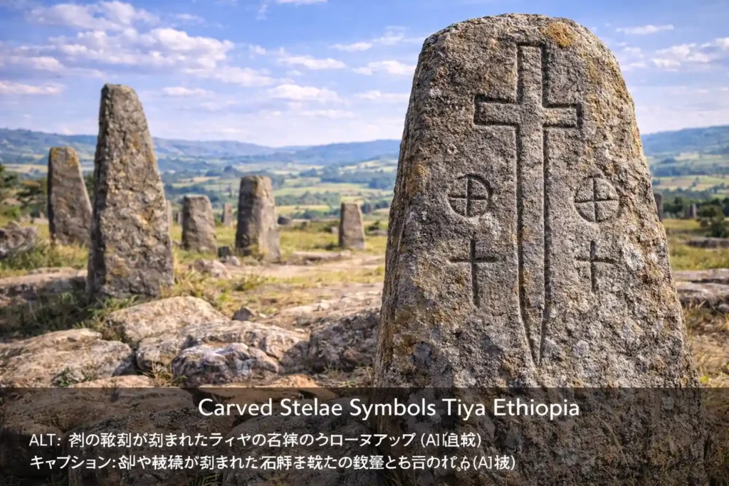 剣の彫刻が刻まれたティヤの石碑のクローズアップ（AI生成）