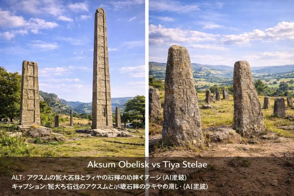 アクスムの巨大石柱とティヤの石碑の比較イメージ（AI生成）