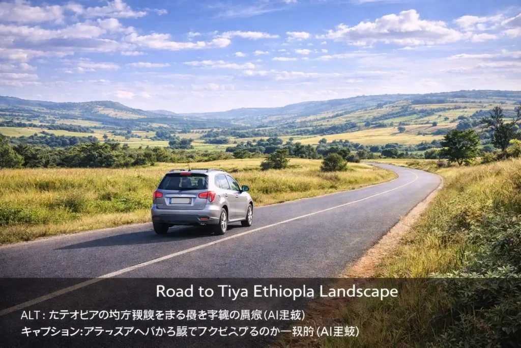 エチオピアの地方道路を走る車と草原の風景（AI生成）