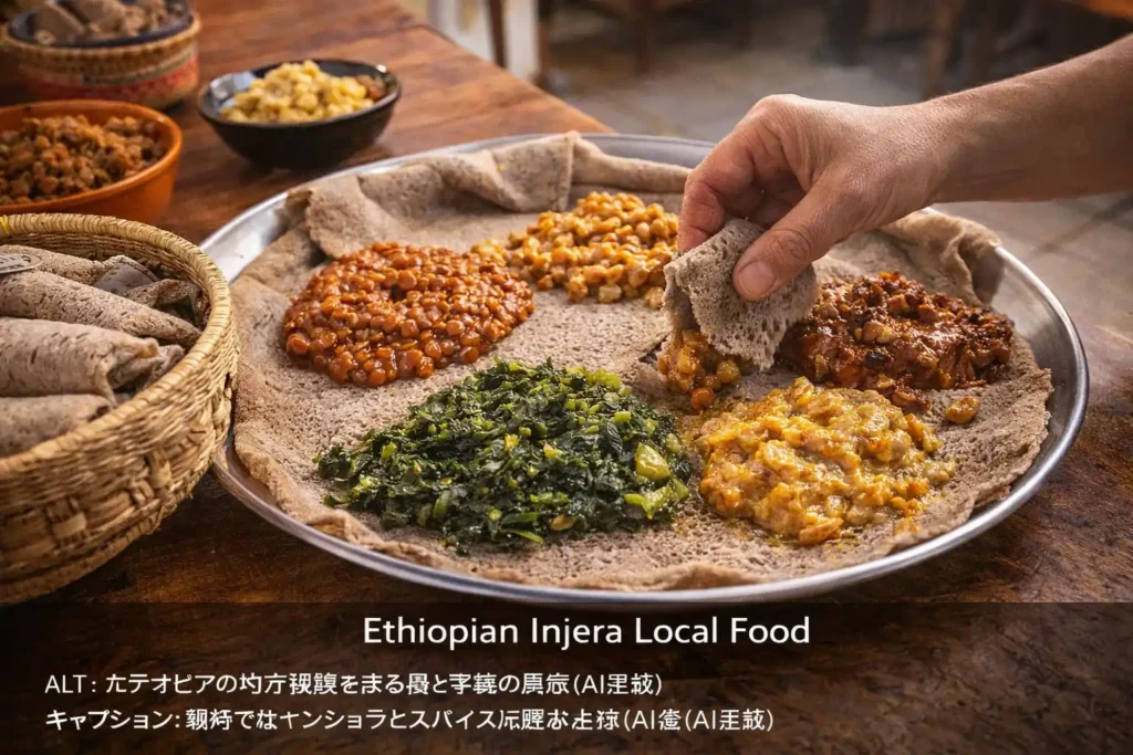 エチオピア料理インジェラと煮込み料理の食事風景（AI生成）