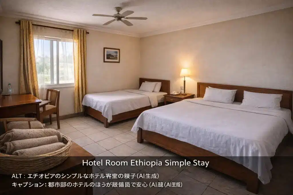エチオピアのシンプルなホテル客室の様子（AI生成）