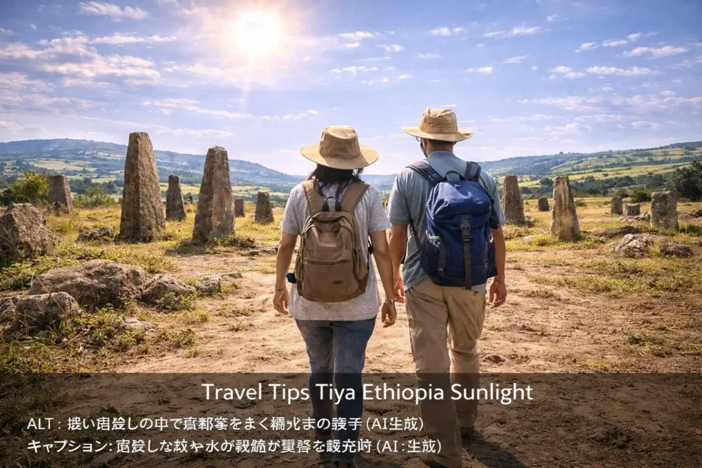 強い日差しの中で石碑群を歩く観光者の様子（AI生成）