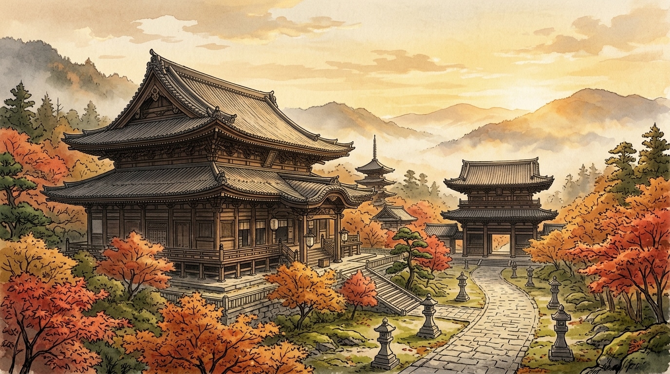 東大寺の世界遺産をイメージした奈良の古代寺院建築イラスト
