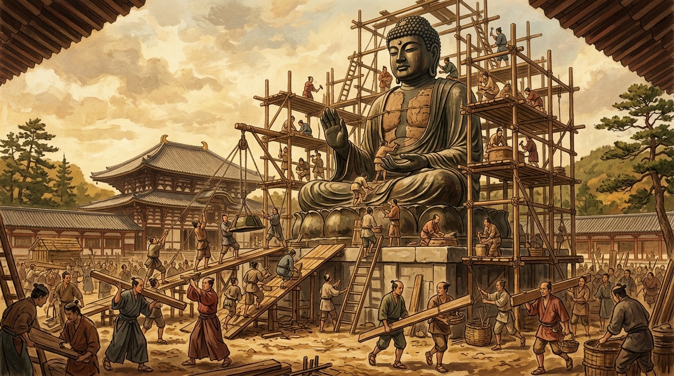 聖武天皇の時代に大仏建立が行われた歴史を描いたイラスト