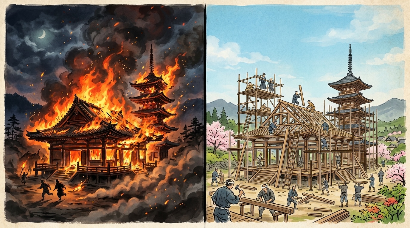 南都焼き討ちで焼失した東大寺と鎌倉時代の復興を表すイラスト