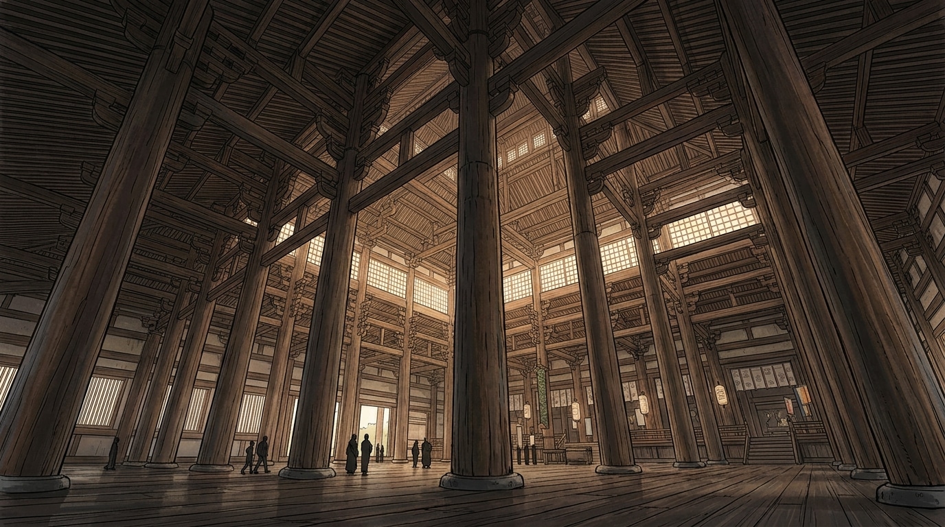 世界最大級の木造建築である東大寺大仏殿のスケール感を表現したイラスト