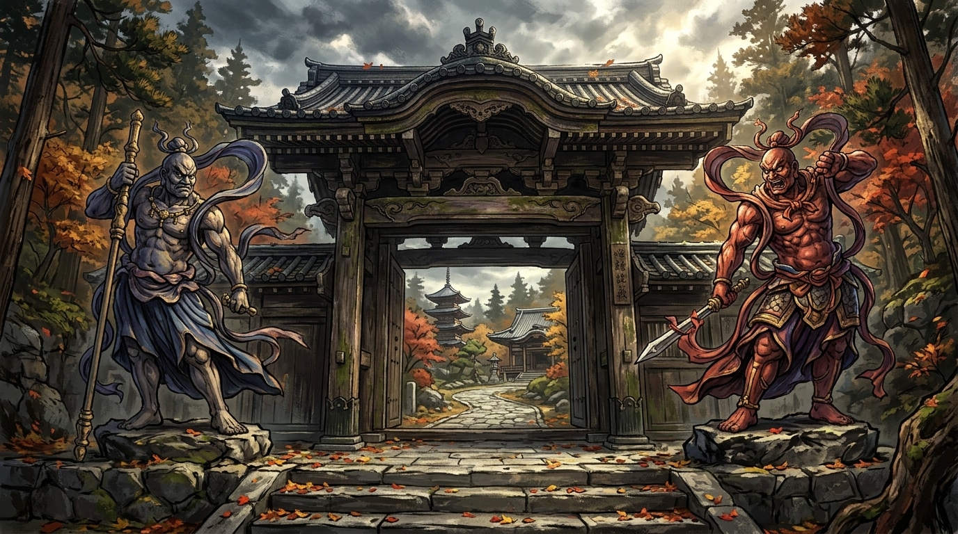 南大門に立つ金剛力士像の迫力を描いたイラスト