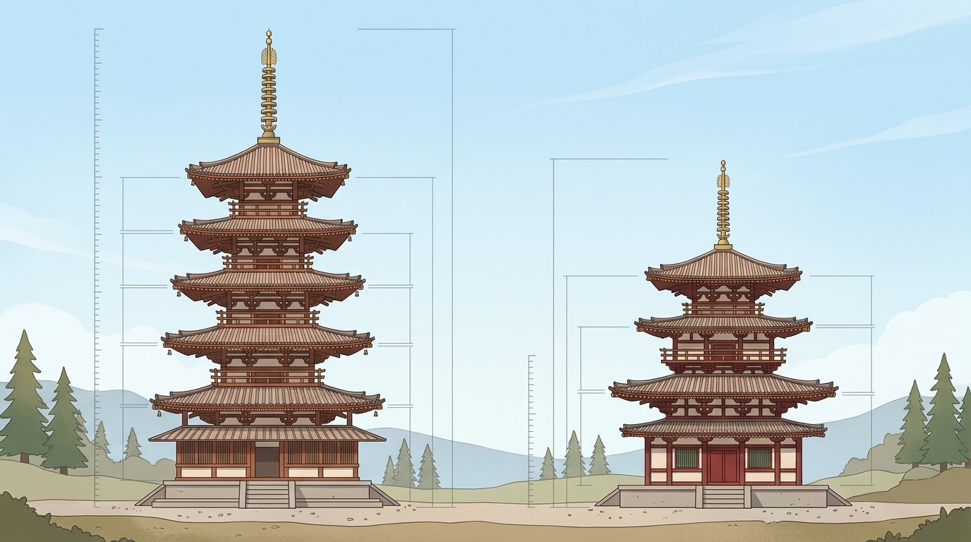 東大寺東塔の高さに関する新旧の学説を比較したイラスト