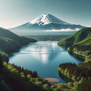 富士山とその山麓の湖、緑豊かな森林に囲まれた絶景の風景（AI生成）