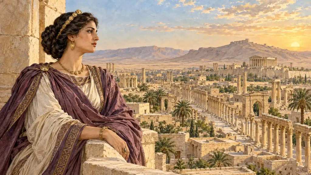 古代の衣装をまとったゼノビア女王と、列柱道路が続くパルミラの街並みを描いた想像イラスト(AI生成)